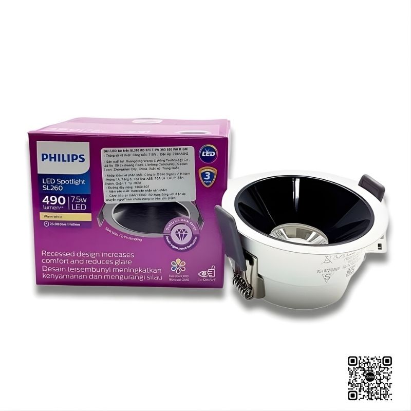 Đèn LED Spotlight Philips SL260 7.5W kèm hộp sản phẩm màu tím trắng trên nền trắng